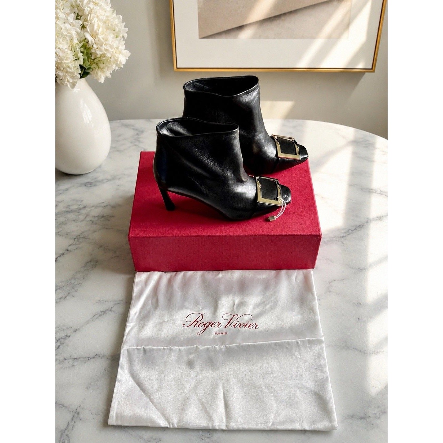 Roger Vivier Trompette Buckle Boot Black Leather Ankle Boots Size 35 Us 5 Nwot